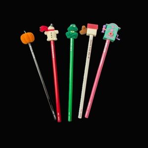 📝 Vtg. Set of 5 Festive Novelty Pencils With Adorable Flocked Toppers